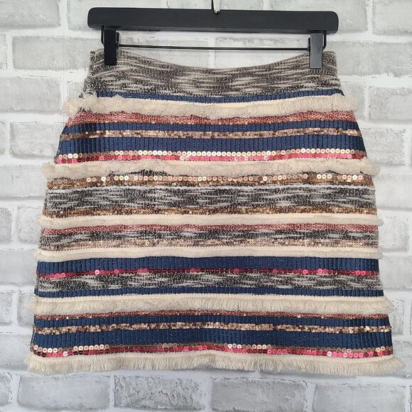 Anthropologie Moulinette Soeurs Ernie Beaded Fringe Mini Skirt Boho Artsy 6 - Picture 1 of 7